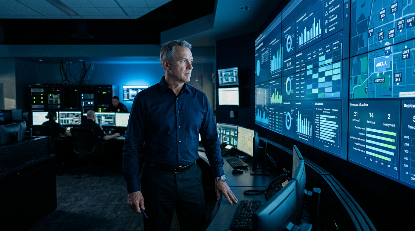 Agency director reviewing staffing dashboards in an operations center