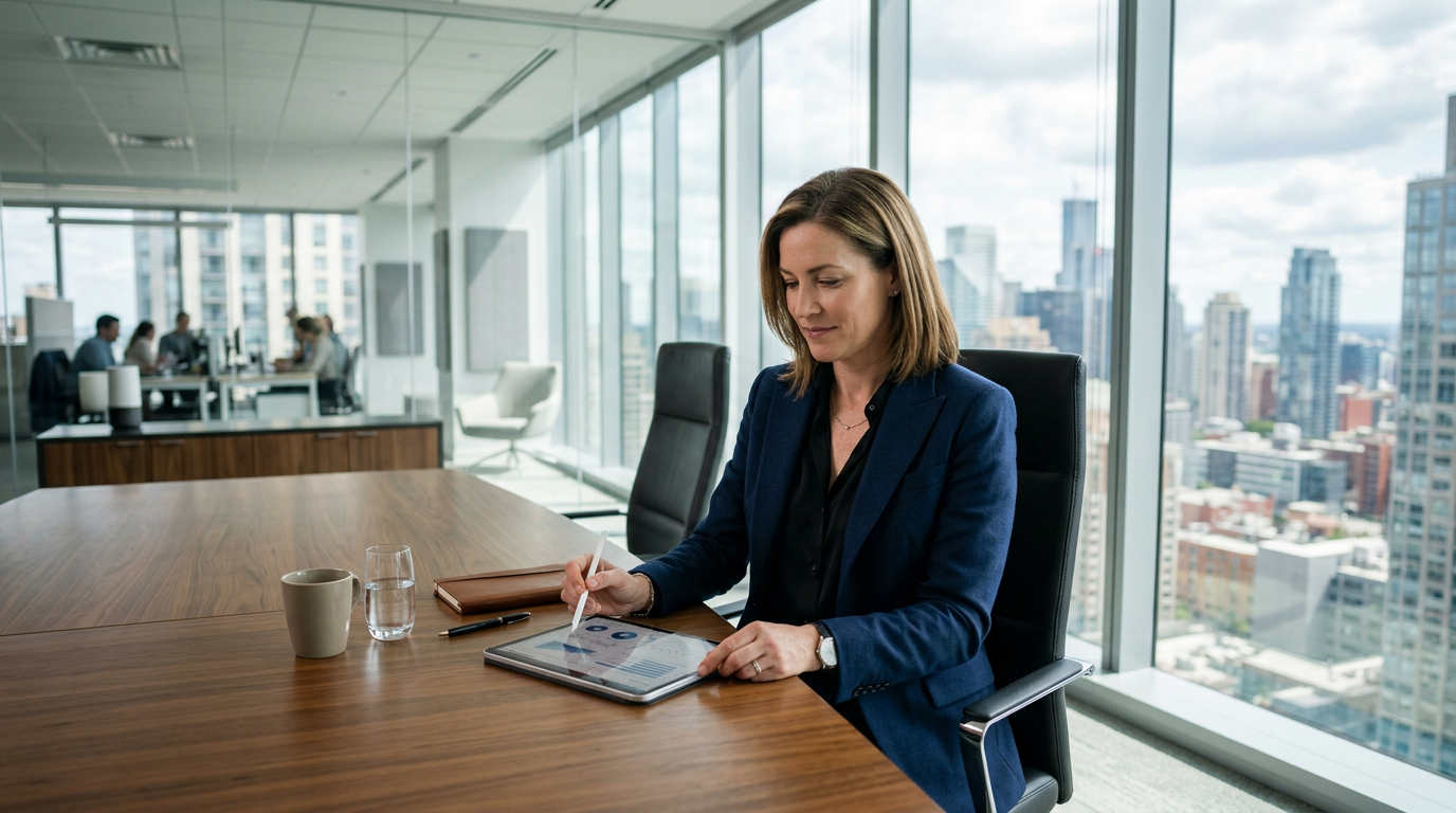 Business executive reviewing a security report on a tablet in a conference room