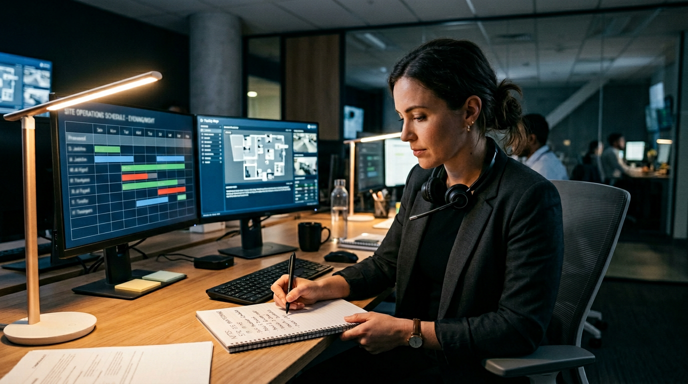 Coordinator at dual-monitor workstation managing shift schedules