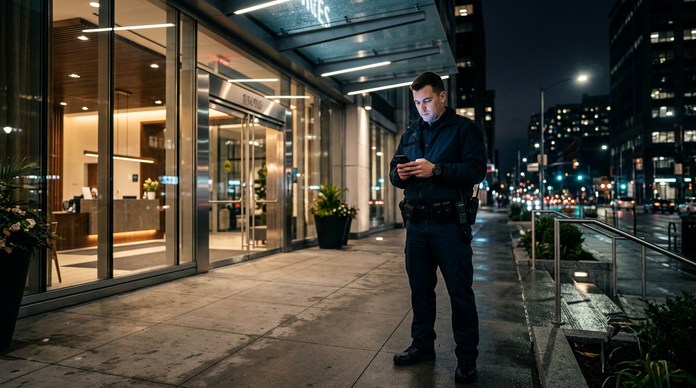 Uniformed security officer checking phone outside a commercial building at night